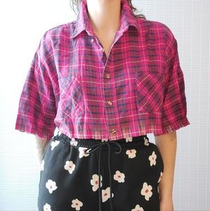 Vintage Cropped Pink Purple Plaid Flannel Large XL